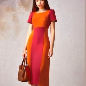 80s DANI MAX LINEN BLEND PINK & ORANGE COLORBLOCK KNEE LENGTH LINED DRESS SZ 8